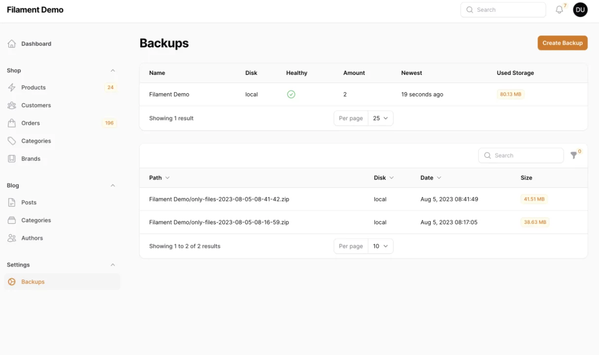 Spatie Laravel Backup plugin screenshot