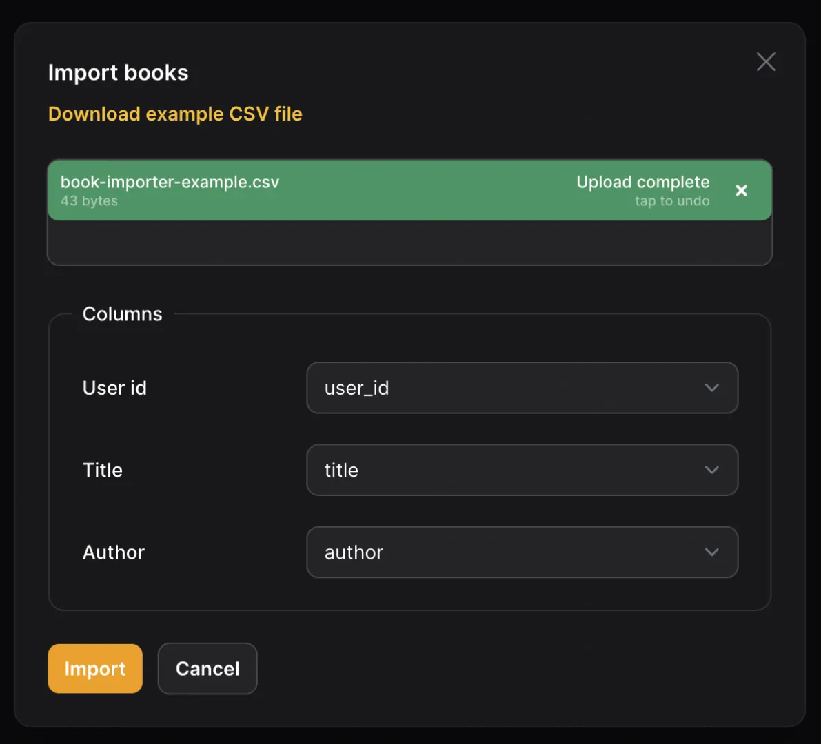 A modal with three mapping fields for each of the three Book model properties.