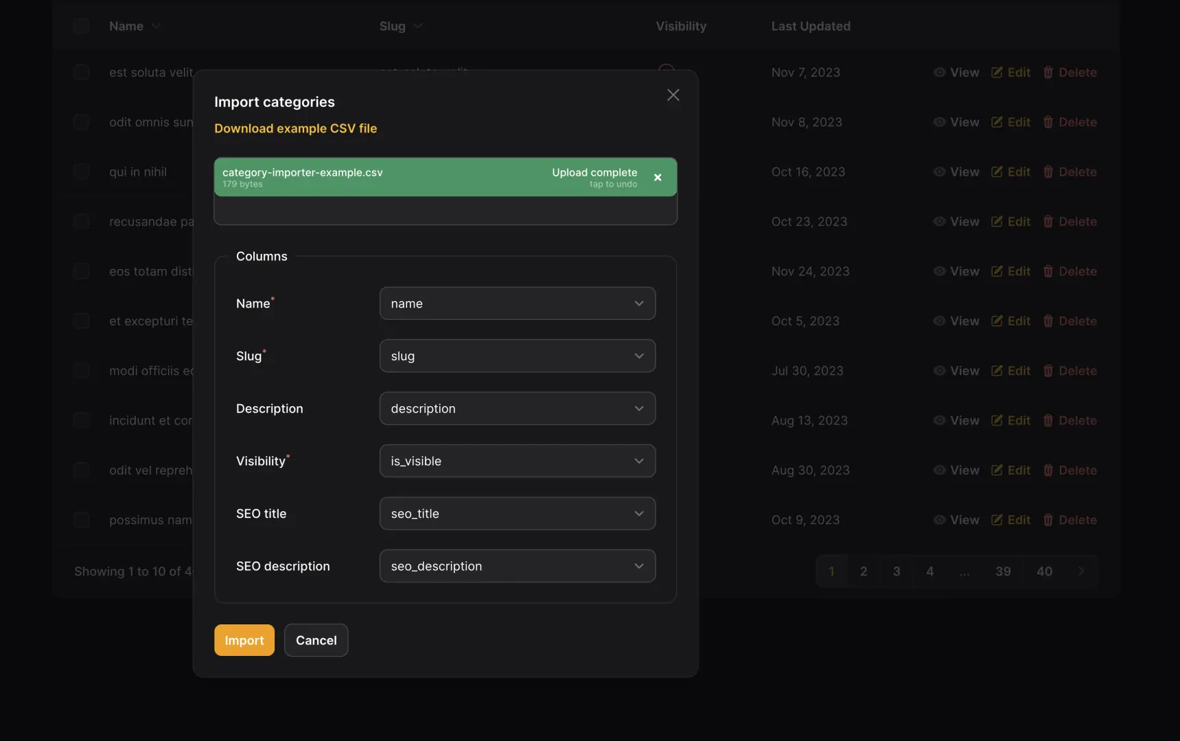 A screenshot of the mapping system used in the new CSV imports feature.