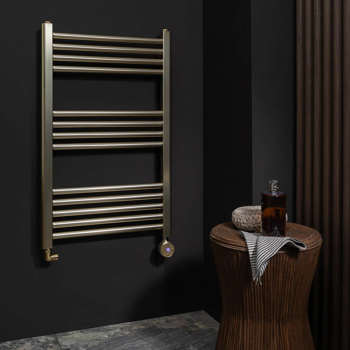 u7460 brushed brass electric towel rail with thermostat 800mm x 400mm 1170x 16350