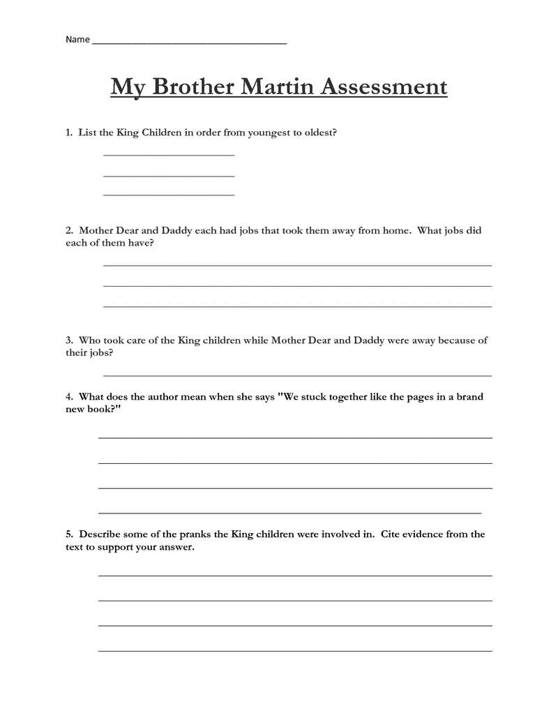 Fourth grade Lesson Close Read My Brother Martin Assessment