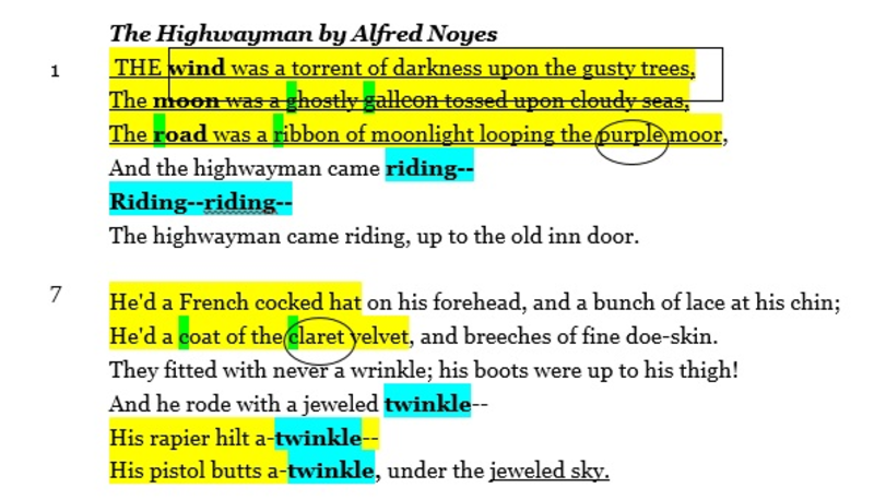 Eighth grade Lesson "The Highwayman" Close Read Day 2