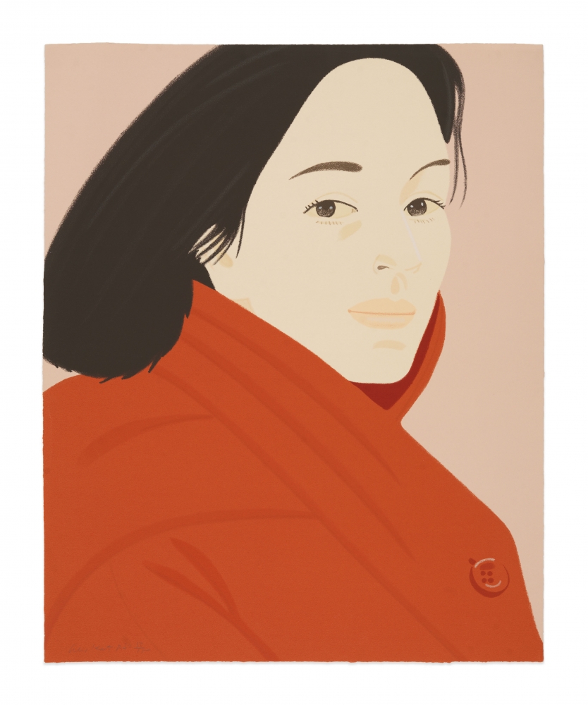 Color aquatint by Alex Katz featuring the portrait of a woman with black hair wearing read against a pink background