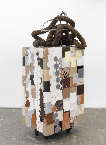 The bride, or the bride says "No", 2016, Wooden blocks, found metal, wheels, rope, dress fabric, paper, Flashe acrylic, house paint, oil pastel,charcoal.