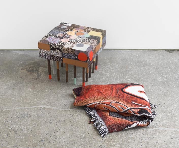 A Combination, 2016, Wooden blocks, found metal, dress fabric, Afghan from Home Depot, paper, Flashe acrylic, House paint, oil pastel.