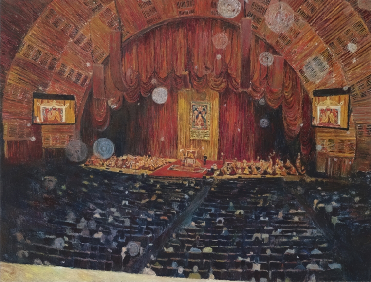 The Dalai Lama Teaching the Diamond Cutter Sutra and Seventy Verses on Emptiness at Radio City Music Hall Oct 14, 2007, 2008, oil on linen