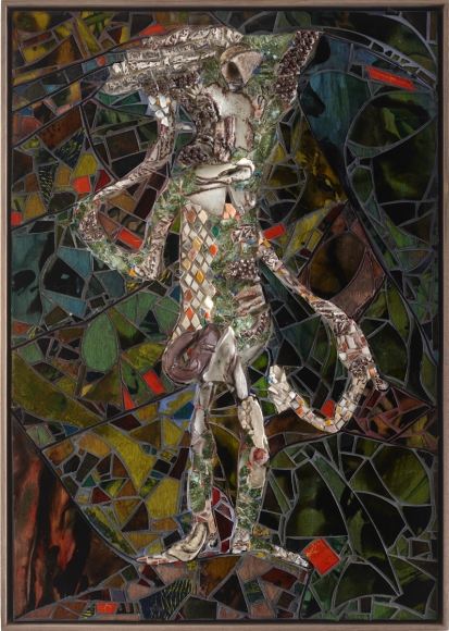 There Is No Fate That Cannot Be Surmounted by Scorn, 2018, hand-painted glass, fired and glazed ceramics, natural stones, terra puzzolane, oxides, various kinds of treated wood, glass enamel paint, on board