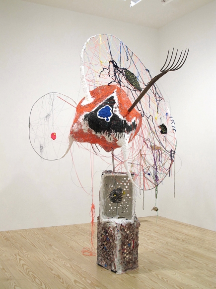 The Collector, 2012, Milk crates, plaster, paint, clay, pitchforks, plastacine, rocks, acrylic, paper maché, plastic lace, yarn, thread, wire, toothpicks, seashells