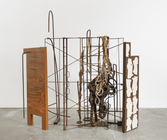 Screen, 2016, Found metal, Masonite panels, rope, paper, house paint, Flashe acrylic, China marker