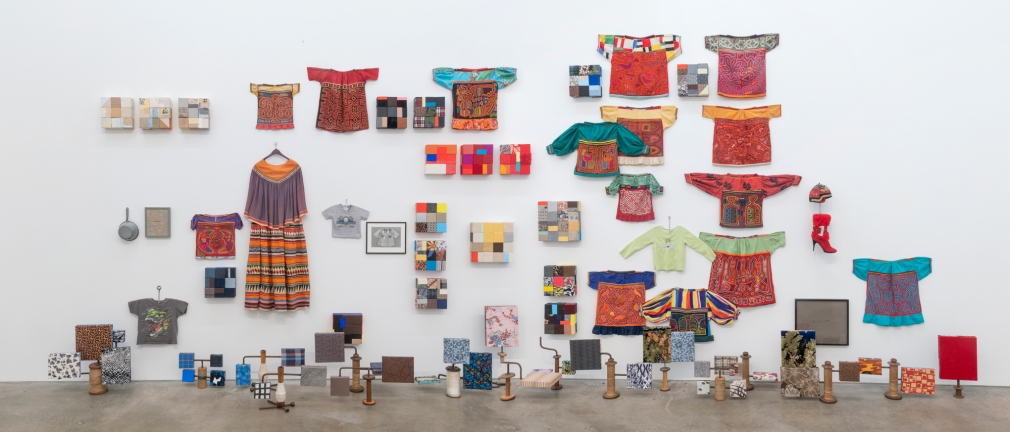 Tapestry #3, 2018, 19 "blockers", 15 Mola blouses, 18 "Sentinels", "A Yellow Dress" (1989), Seminole dress, Nutty Girl shirt, 2 boys' t-shirts, "Child's Dress" (1973-74), "He Said Listen" (1989-91), "China" (2018)