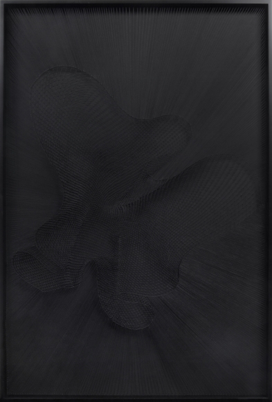 Gravity Environment (animations still #8), 2015, wet-spun black linen thread and pins on panel 