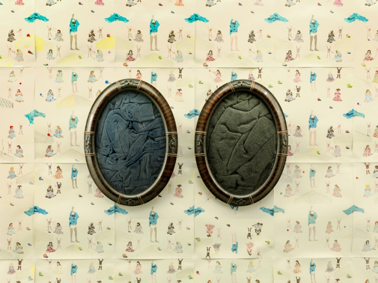 Blue and the Gray, 1989, Found frames, blue corduroy trousers, gray sweater