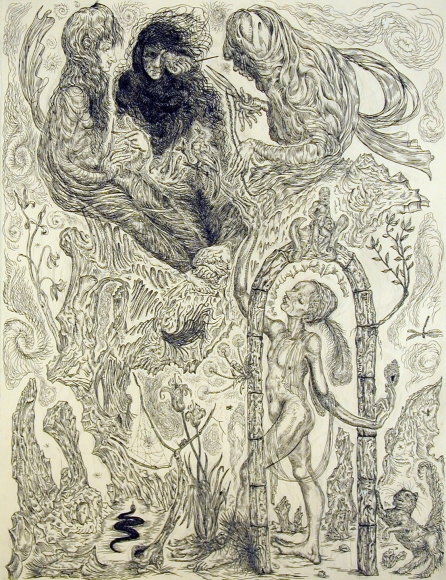Poet and Fates, 2004, ink, graphite, watercolor on paper