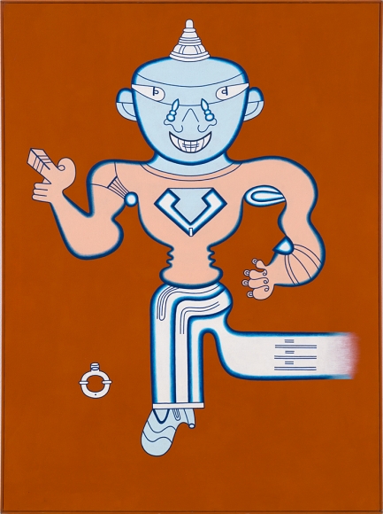 Mr. Whatzit on the Road to Burmashave, 1985, Acrylic on canvas with painted wood frame 