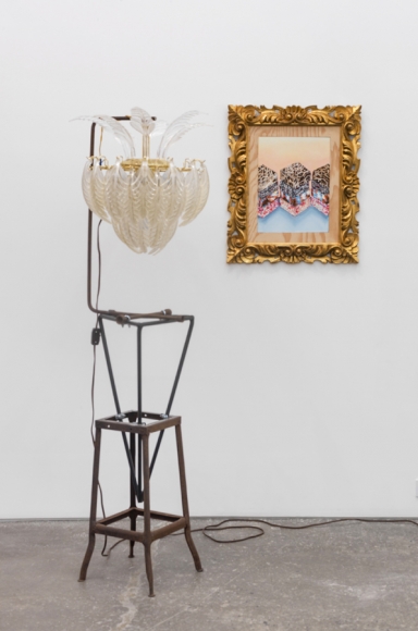 Lamp (in collaboration with John Jackson), 2016, found metal, U bolts, plastic chandelier 