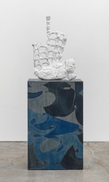 Charon’s Call, 2016, fired and glazed ceramic, grout, leaf gold, plywood, wood stain, lacquer