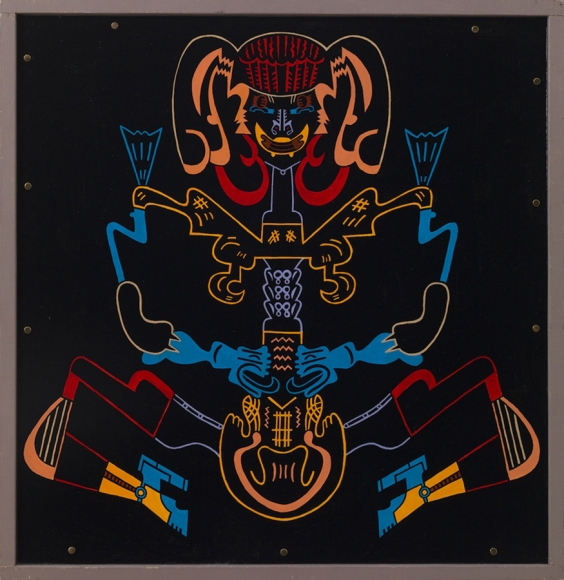 Lyre, Lyre Pants on Fire, 1975, acrylic on board with painted wood frame