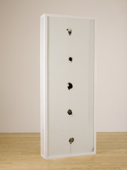 Ballard over Borges, 2011, graphite and latex paint on drywall, painted wood, glass