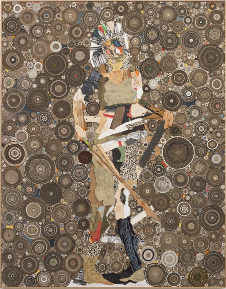 Penthesilea, the Amazonian Queen, 2016, treated wood, cardboard, card, paper, linen, cotton duck canvas, glass, smalti, colour pencils, wood stain, on plywood panel, artist oak frame