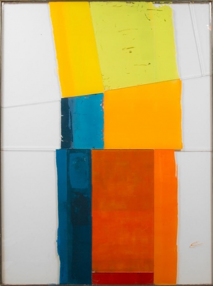 Pitch, 2016, screen print ink, acrylic paint, glass, steel, and silicone 