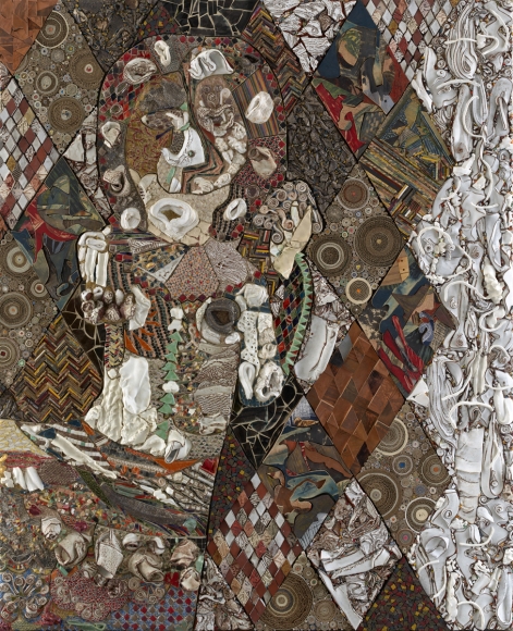 Nil by Mouth, 2018, Natural stones and marble, smalti mosaics, fired and glazed ceramic, terra puzzolane, hand-painted glass and stringer glass, various kinds of treated wood, cardboard, reconditioned copper etching plates, wood stain, acrylics, steel/zinc, ink, linen, shellack, on board