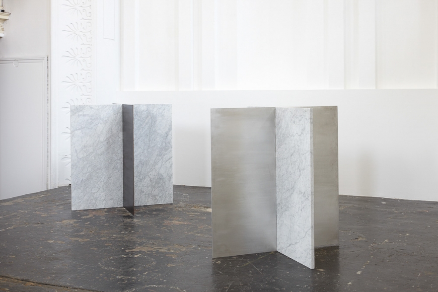 Sam Falls, Untitled (Carrera marble, corten steel & aluminum sculpture diptych), 2013