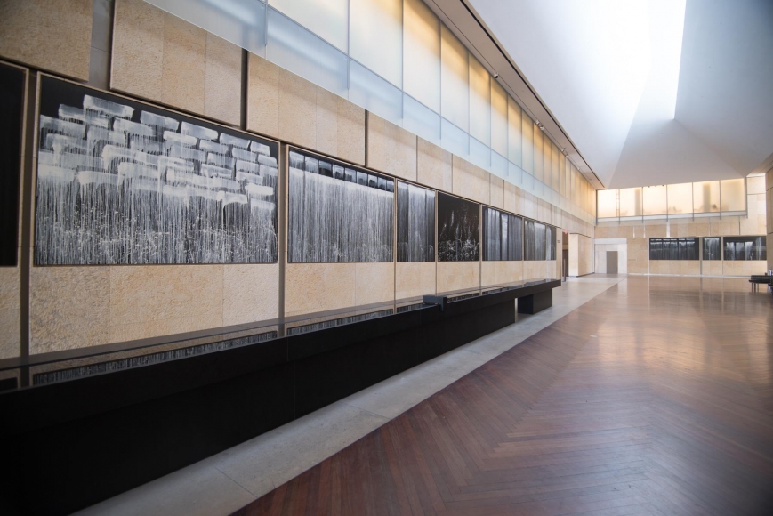 Installation view, Pat Steir Silent Waterfalls: The Barnes Series, The Barnes Foundation, Philadelphia, Pennsylvania, 2019