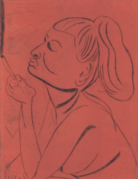 Tal R Girl Smoking (#4 from series of 12), 2014 line etching on somerset 400 gr. image: 7 3/4 x 7 1/8 inches paper: 17 1/8 x 14 1/2 inches frame: 18 3/4 x 16 1/2 inches 6, Edition of 24 $950