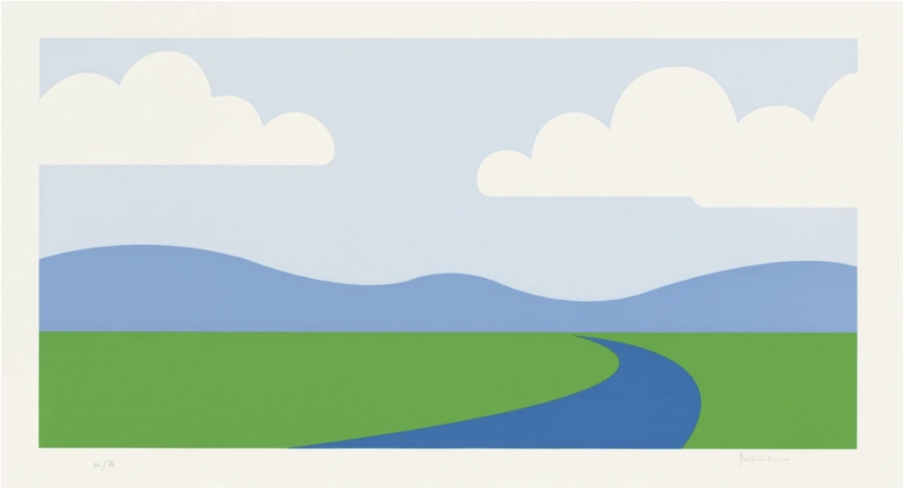 Julian Opie Landscape., 1995 screenprint on Velin BFK Rives 270 gsm paper Paper Dimensions: 18.9 x 34.57 inches Image Dimensions: 15.67 x 31.38 inches $6,300