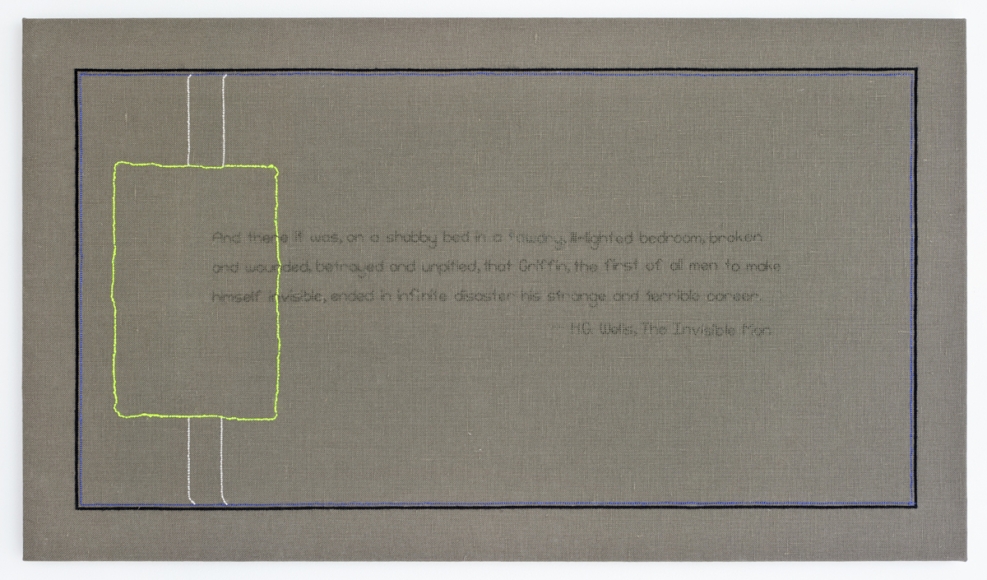 Elaine Reichek And There It Was (The Invisible Man), 2016 hand embroidery on linen 16 1/4 x 28 1/4 inches