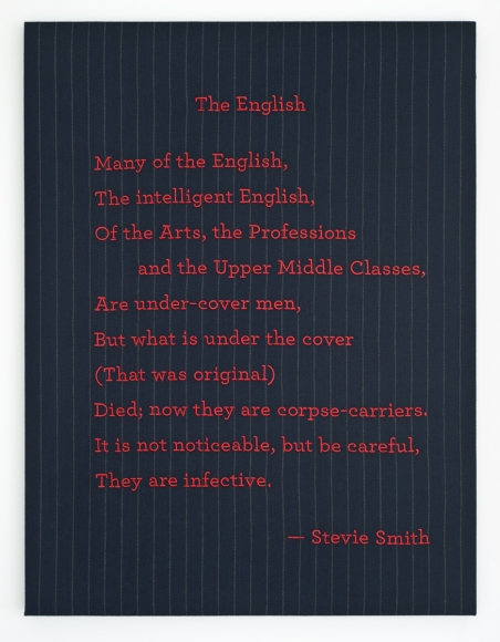 Elaine Reichek The English, 2019 digital embroidery on wool suiting fabric 25 x 19 inches