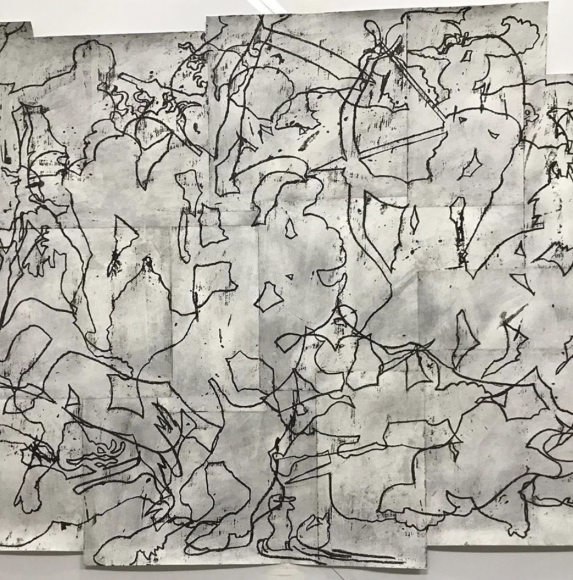 Detail image of oil pastel, acrylic and tempera on joined paper piece in progress at Bo Joseph's studio, New York