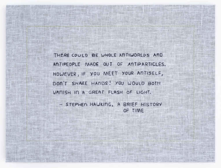 Elaine Reichek Antiworlds and Antipeople, 2017 hand embroidery on linen 12 x 16 inches