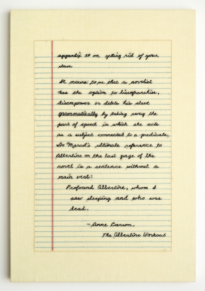 Elaine Reichek The Albertine Workout, Appendix 34, 2016 hand embroidery on linen 22 x 15 inches