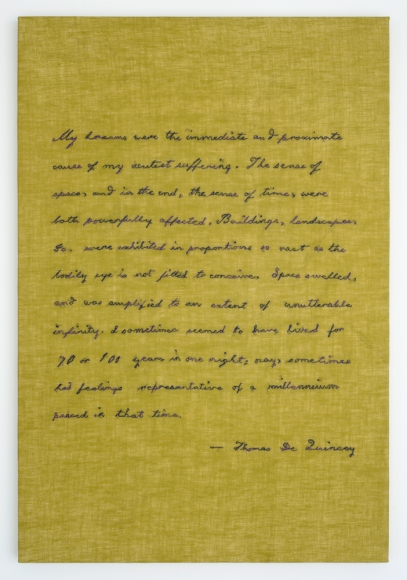 Elaine Reichek My Dreams (Thomas de Quincey), 2017 hand embroidery on linen 21 3/4 x 14 3/4 inches
