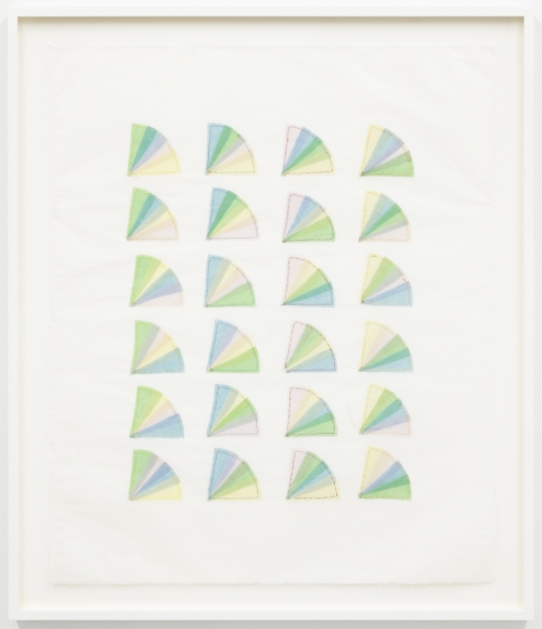 Elaine Reichek Fan Factorial #5, 1977 organdy sewn to Kozoshi paper canvas: 31 x 26 1/2 inches