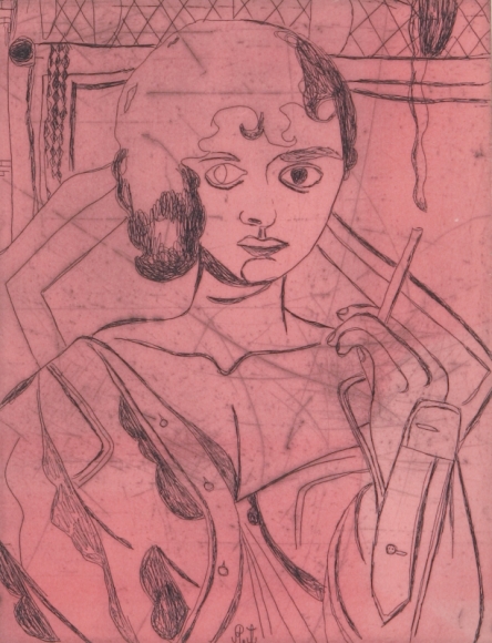 Tal R Girl Smoking (#1 from series of 12), 2014 line etching on somerset 400 gr. image: 7 3/4 x 7 1/8 inches paper: 17 1/8 x 14 1/2 inches frame: 18 3/4 x 16 1/2 inches 6, Edition of 24 $950