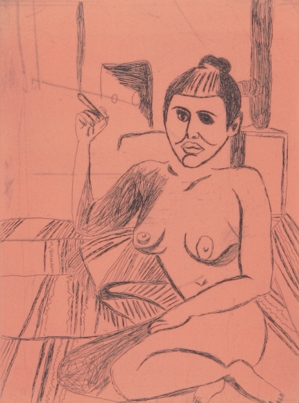 Tal R Girl Smoking (#3 from series of 12), 2014 line etching on somerset 400 gr. image: 7 3/4 x 7 1/8 inches paper: 17 1/8 x 14 1/2 inches frame: 1 8 3/4 x 16 1/2 inches 6, Edition of 24 $950