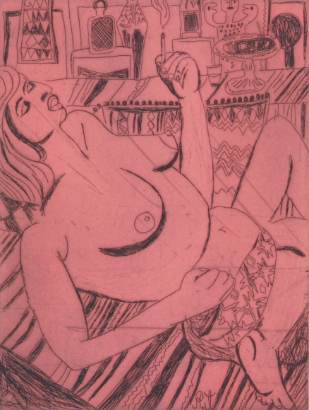 Tal R Girl Smoking (#12 from series of 12), 2014 line etching on somerset 400 gr. image: 7 3/4 x 7 1/8 inches paper: 17 1/8 x 14 1/2 inches frame: 18 3/4 x 16 1/2 inches 6, Edition of 24 $950