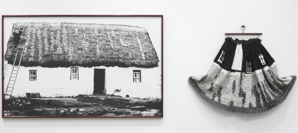 Elaine Reichek Whitewash (Galway Cottage), 1992-93 knitted wool yarn, hanger, and gelatin silver print in 2 parts 43 x 133 inches