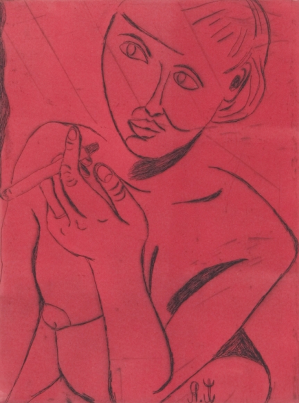Tal R Girl Smoking (#11 from series of 12), 2014 line etching on somerset 400 gr. image: 7 3/4 x 7 1/8 inches paper: 17 1/8 x 14 1/2 inches frame: 18 3/4 x 16 1/2 inches 6, Edition of 24 $950