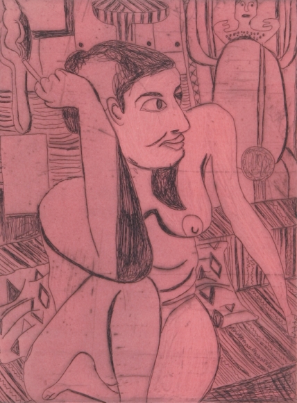 Tal R Girl Smoking (#6 from series of 12), 2014 line etching on somerset 400 gr. image: 7 3/4 x 7 1/8 inches paper: 17 1/8 x 14 1/2 inches frame: 18 3/4 x 16 1/2 inches 6, Edition of 24 $950
