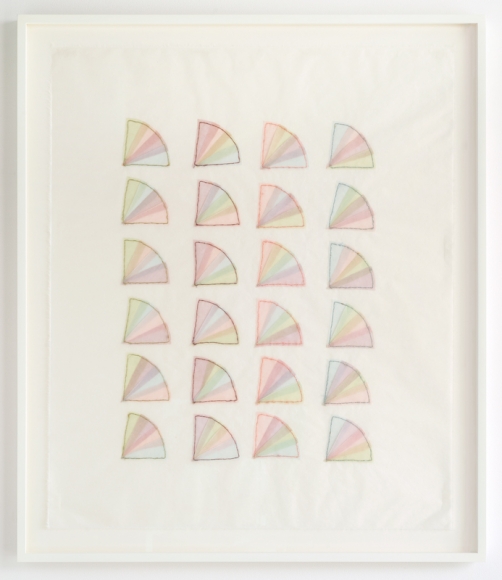 Elaine Reichek Fan Factorial #1, 1977 organdy sewn to Kozoshi paper canvas: 31 x 26 1/2 inches