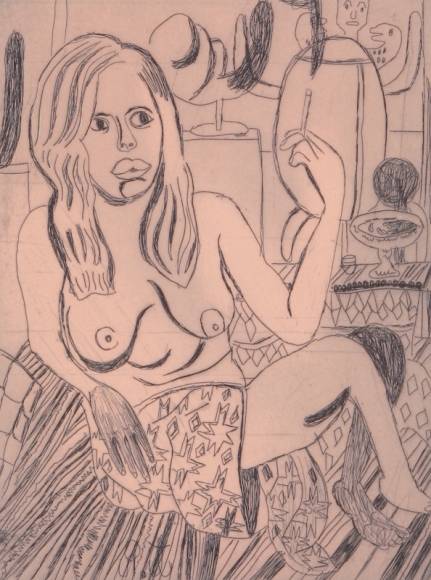 Tal R Girl Smoking (#5 from series of 12), 2014 line etching on somerset 400 gr. image: 7 3/4 x 7 1/8 inches paper: 17 1/8 x 14 1/2 inches frame: 18 3/4 x 16 1/2 inches 6, Edition of 24 $950