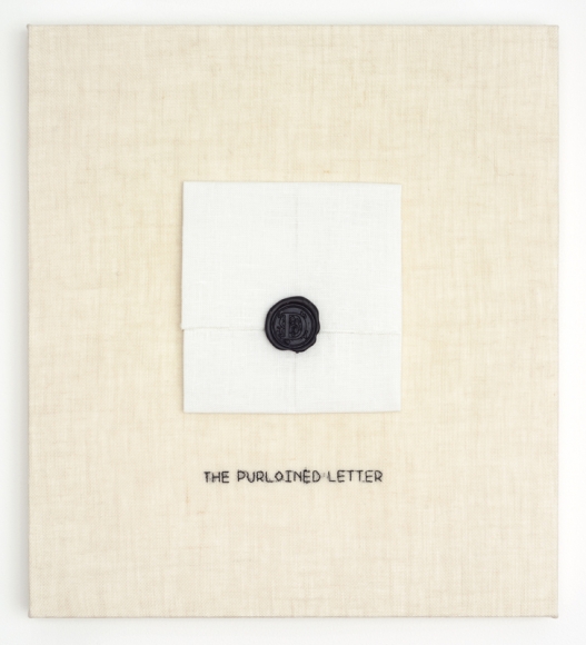 Elaine Reichek The Purloined Letter, 2017 hand embroidery with wax on linen 13 1/4 x 11 7/8 inches