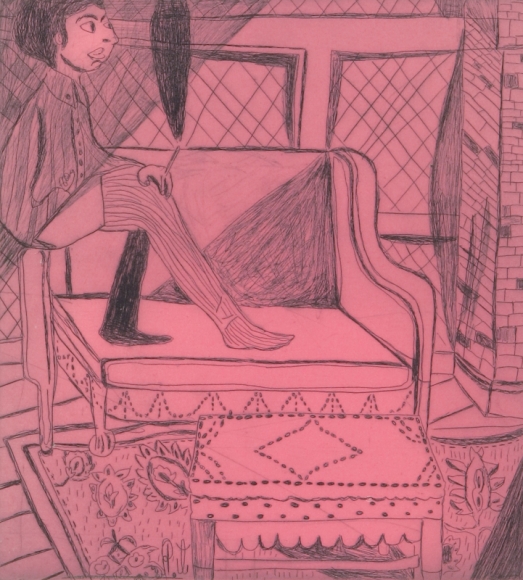 Tal R Girl Smoking (#7 from series of 12), 2014 line etching on somerset 400 gr. image: 7 3/4 x 7 1/8 inches paper: 17 1/8 x 14 1/2 inches frame: 18 3/4 x 16 1/2 inches 6, Edition of 24 $950