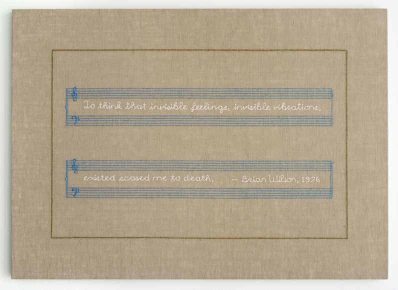 Elaine Reichek Invisible Vibrations, 2016 hand embroidery with glow-in-the-dark thread on linen 16 x 22 3/8 inches