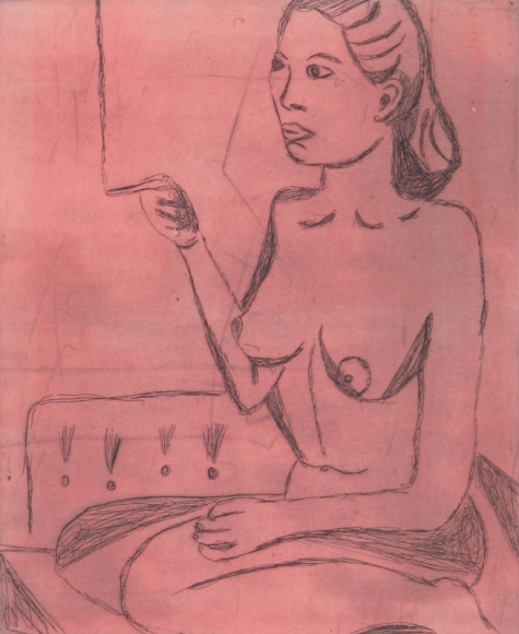 Tal R Girl Smoking (#9 from series of 12), 2014 line etching on somerset 400 gr. image: 7 3/4 x 7 1/8 inches paper: 17 1/8 x 14 1/2 inches frame: 18 3/4 x 16 1/2 inches 6, Edition of 24 $950