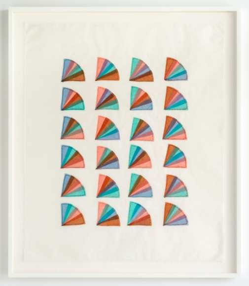 Elaine Reichek Fan Factorial #6, 1977 organdy sewn to Kozoshi paper canvas: 31 x 26 1/2 inches