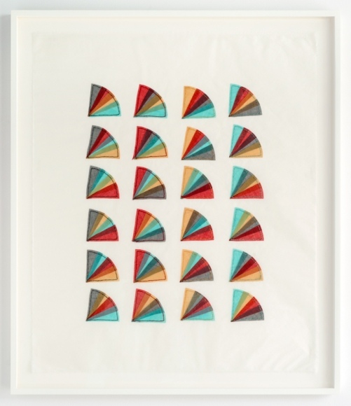 Elaine Reichek Fan Factorial #2, 1977 organdy sewn to Kozoshi paper canvas: 31 x 26 1/2 inches